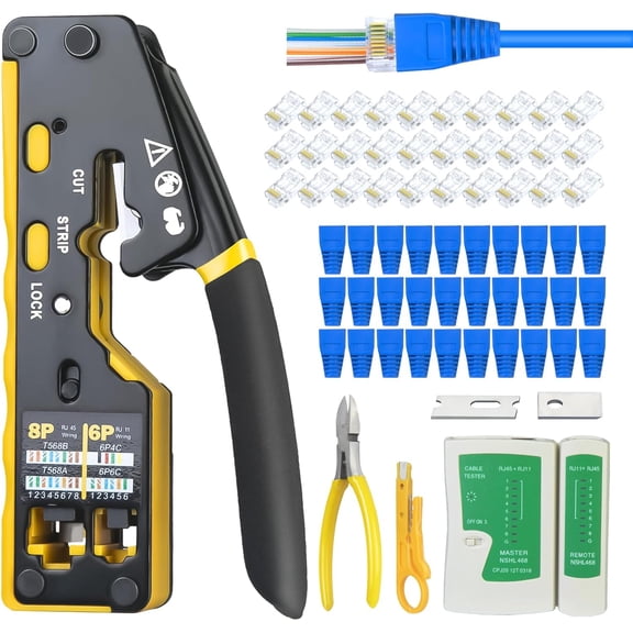 RJ45 Crimp Tool Kit, Ethernet Crimper for Cat5 Cat6 Cat7, All-in-One Network Cable Crimping Tool with Cable Tester, Wire Stripper, 30Pcs RJ45 Connectors and Boots