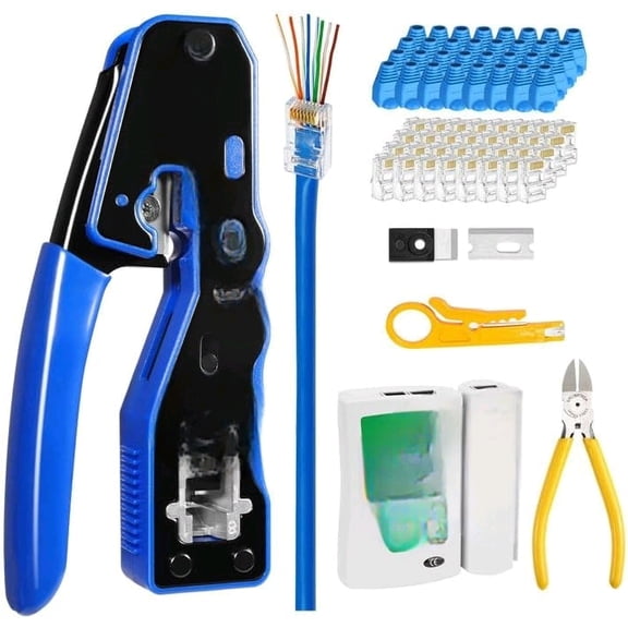 RJ45 Crimp Tool Kit, Ethernet Crimping Tool Kit for Pass Through RJ45 Connectors, Ethernet Crimper with Cat 6 Connectors (Cat5 Cat5e Cat6 Crimping Tool Kit)$$Tools & Hardware Other