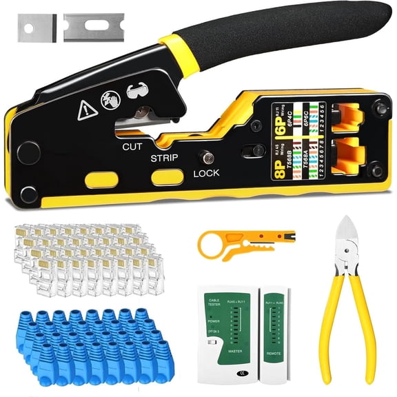 RJ45 Crimp Tool Kit Pass Pass Through Crimper Ethernet Crimping Tool Stripper Cutter Crimper All-in-One for 8P RJ45 Cat5 Cat5e Cat6 6P RJ11/12 Telephone Connectors