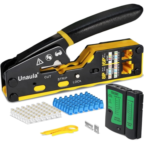 RJ45 Crimp Tool Pass Through Cat5 Cat5e Cat6 Crimping Tool Kit | Network Cable Tester, 50PCS Cat6 Connectors, 50PCS Strain Relief Boots, Mini Wire Stripper