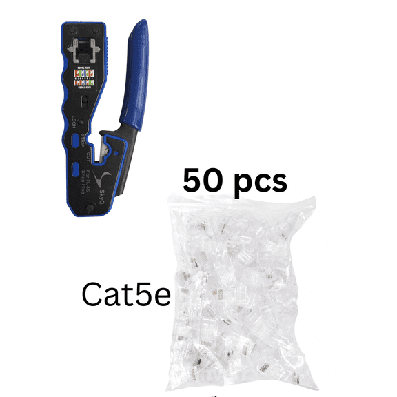 RJ45 Crimp Tool Pass Through Crimper for Cat7 Cat6 and Cat5 Ethernet All-in-One Crimp Tool with 50 Network Cat5e Connector Plugs