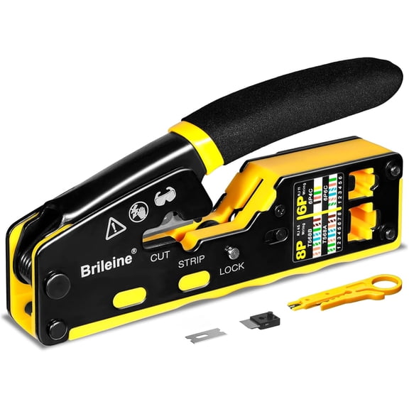 RJ45 Crimp Tool Pass Through Crimper for RJ45 Connectors / Cat6 Cat6a Cat5 Cat5e Connector Ethernet Crimper Tool with Mini Cable Stripper