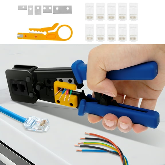 RJ45 Crimp Tool Professional Ethernet Crimper Sturdy Carbon Steel Ethernet Crimping Tool Kit Reusable Multipurpose Crimping Tool for Cutting Stripping Crimping