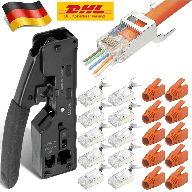 RJ45 Crimping Tool + 10 Cat7 Connector Set Network Tool Lan Cable