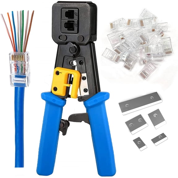 RJ45 Crimping Tool Ethernet Crimper for Cat6 Cat5 Cat5e RJ45 Pass Through Connectors and RJ12 Ends Comes with 20PCS RJ45 Cat6 Connectors and Replacement Blades