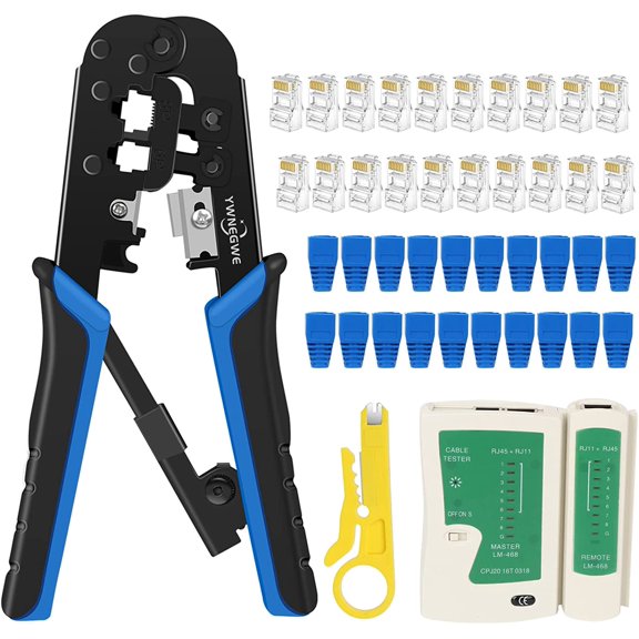 RJ45 Crimping Tool Kit Ethernet Crimp Set, RJ-11, 6P/RJ-12, 8P/RJ-45 Crimp, Cut and Strip with 20PCS CAT5 CAT5e Connectors, Covers,1 Network Cable Tester 1 Wire Stripper
