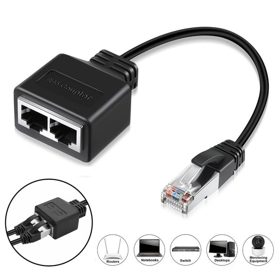 RJ45 Ethernet Splitter, 1 to 2 LAN Network Adapter Ethernet Splitter Cable Male to Female Fit for Cat5, Cat5e, Cat6, Cat7