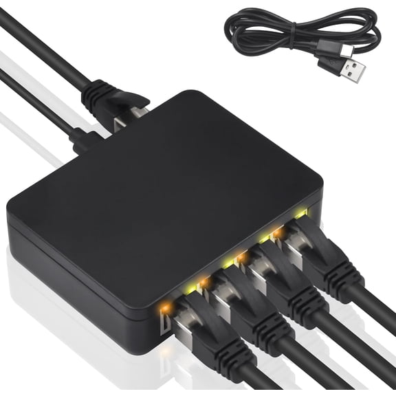 RJ45 Ethernet Splitter 1000mbps, High Speed Ethernet Splitter 1 to 4, Gigabit RJ45 Network Adapter with USB Power Cable for Cat5, Cat6, Cat7 [4 Devices Simultaneous Networking]