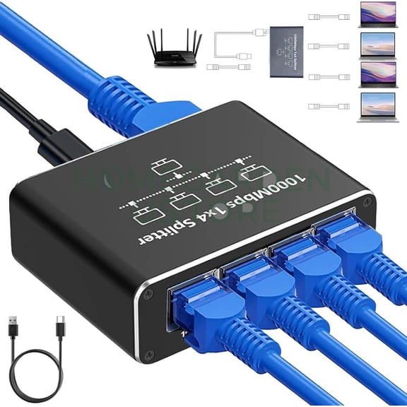 RJ45 Ethernet Splitter with USB Power, 1000Mbps LAN Network Internet 1 to 4 Out Adapter, Supports 4 Devices Simultaneously