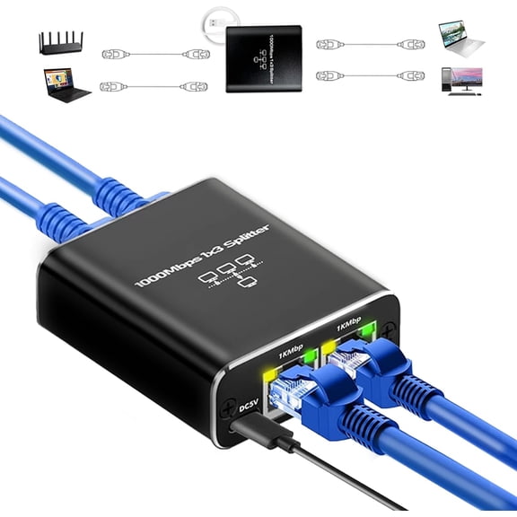 Gigabit Ethernet Splitter High Speed 1 to 3, 1000Mbps LAN Splitter (3 Devices Simultaneous Networking), RJ45 Splitter Adapter with USB Power Cable, Internet Splitter for Cat5/5e/6/7/8 Cable