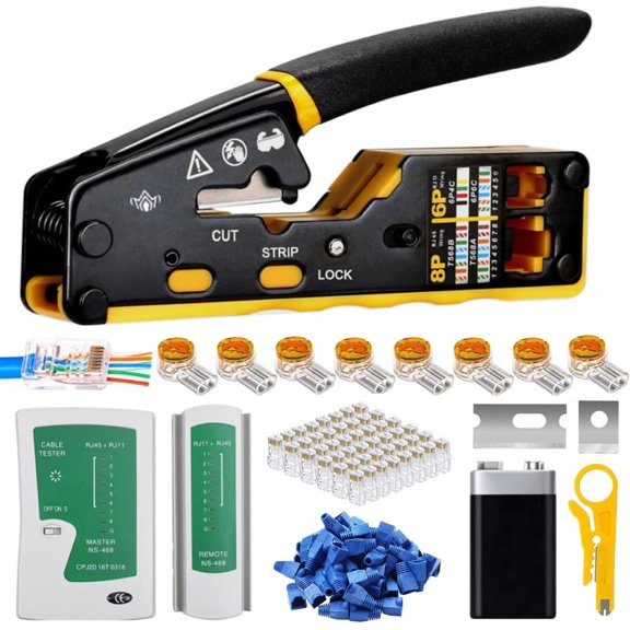 RJ45 Pass Through Crimp Tool Kit,3-in-1 Ethernet with Wire Stripper ,Network Tester with ,Cat5/5e Cat6 Cat6a RJ45 Connectors &Boots,Network Installation Tool for Office