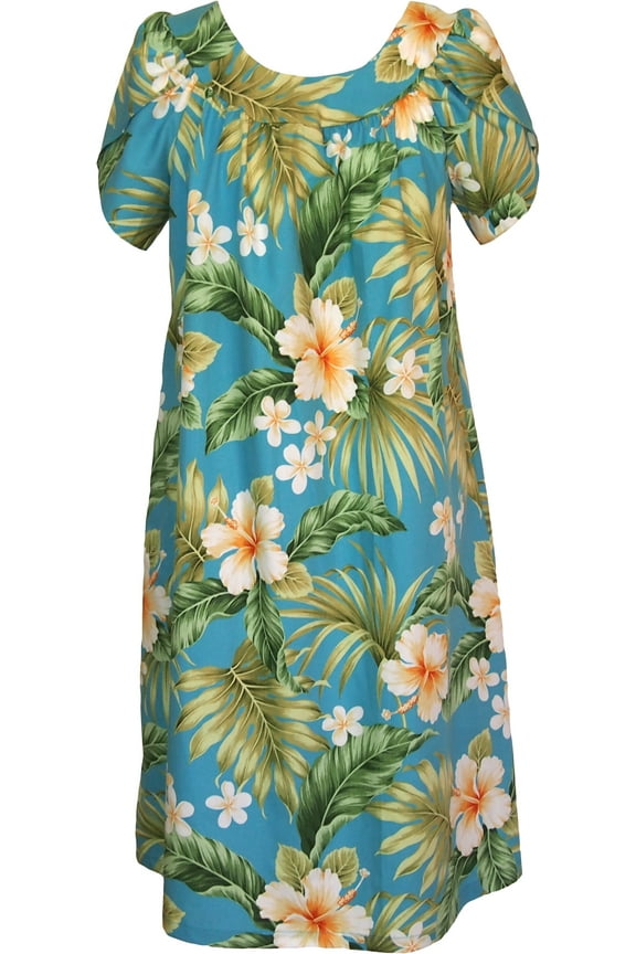 Women's Hibiscus Plumeria Fern Muumuu Dress, Blue, S