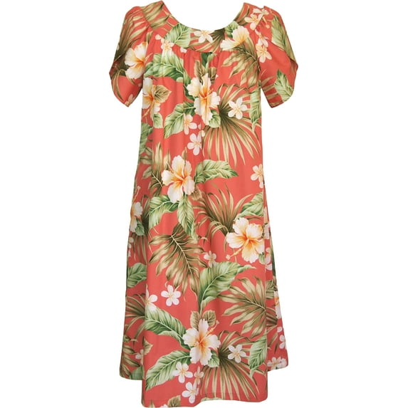RJC Women's Hibiscus Plumeria Fern Muumuu Dress, Coral, S