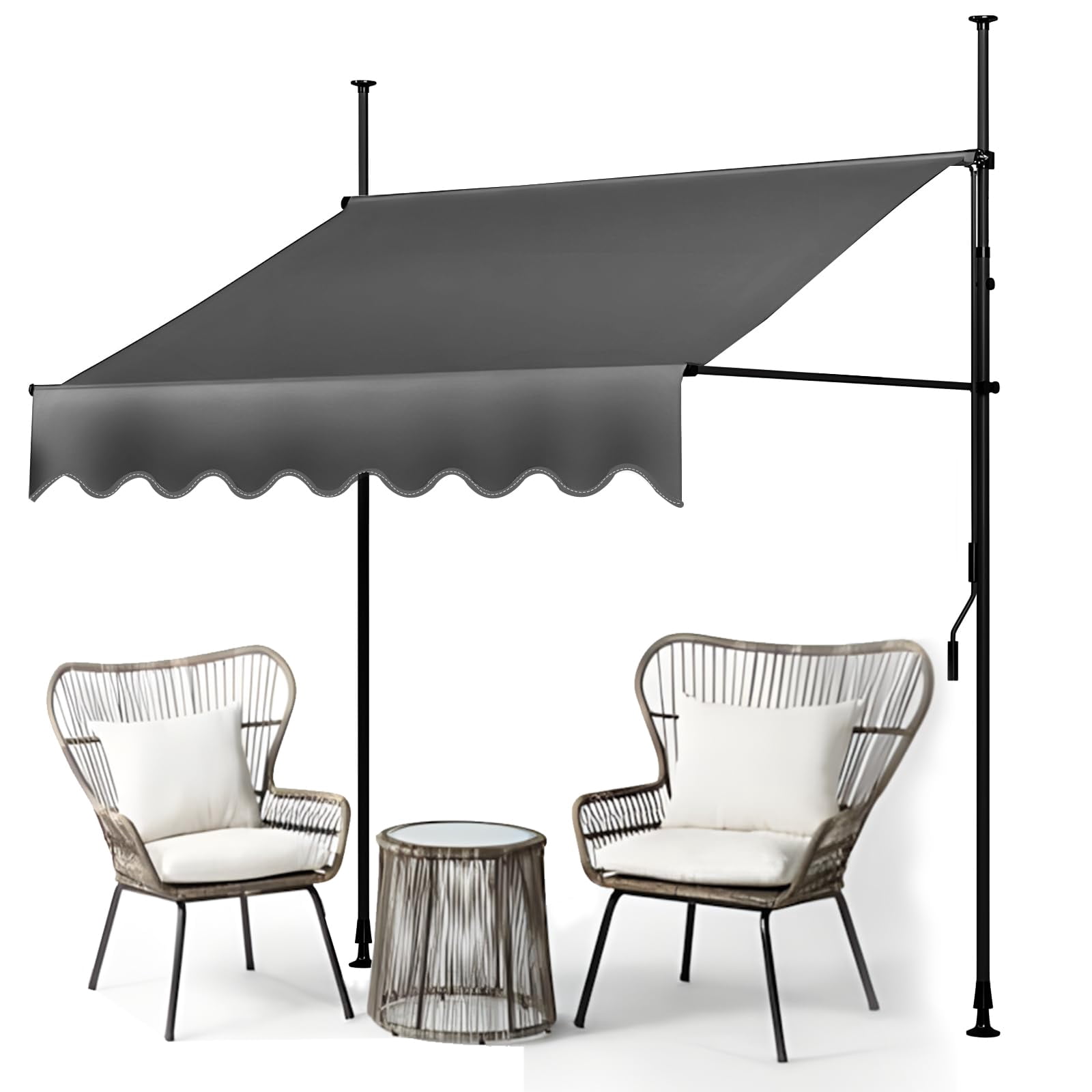 RJFKSN 78" x 118" Manual Retractable Awning, No Drilling Outdoor Patio Sunshade Shelter, Height & Angle Adjustable Canopy for Backyard, Garden, Balcony, Dark Gray