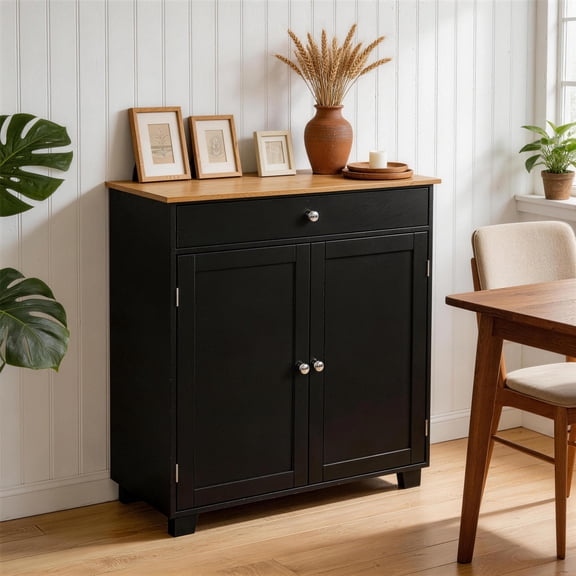 RJFKSN Buffet Cabinet, Modern Kitchen Storage Cabinet, Coffee Bar Cabinet with a Drawer, 30 in Kitchen Sideboard Buffet, for Coffee Bar Station for Kitchen, Entryway, Black