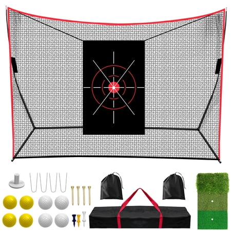 RJFKSNC 10 x 7ft Golf Net for Garden Driving, Golf Hitting Practice Net with Premium XL Triple Turf Mat & 10 Balls, 600D High-Impact Target & 7-Ply Mesh, Training Aid Set