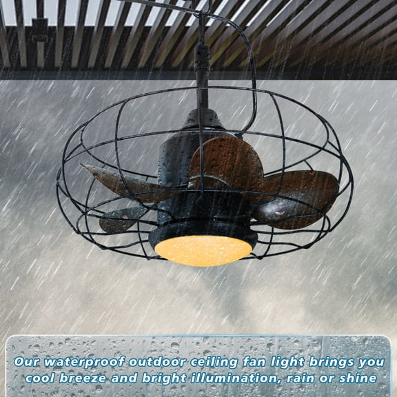 RJFKSNC 20" Plug-in Outdoor Caged Ceiling Fan with Light and Remote, IP44 Waterproof, Matte Black & Walnut, Hanging Fan for Gazebo, Patio, Porch, and Pergola