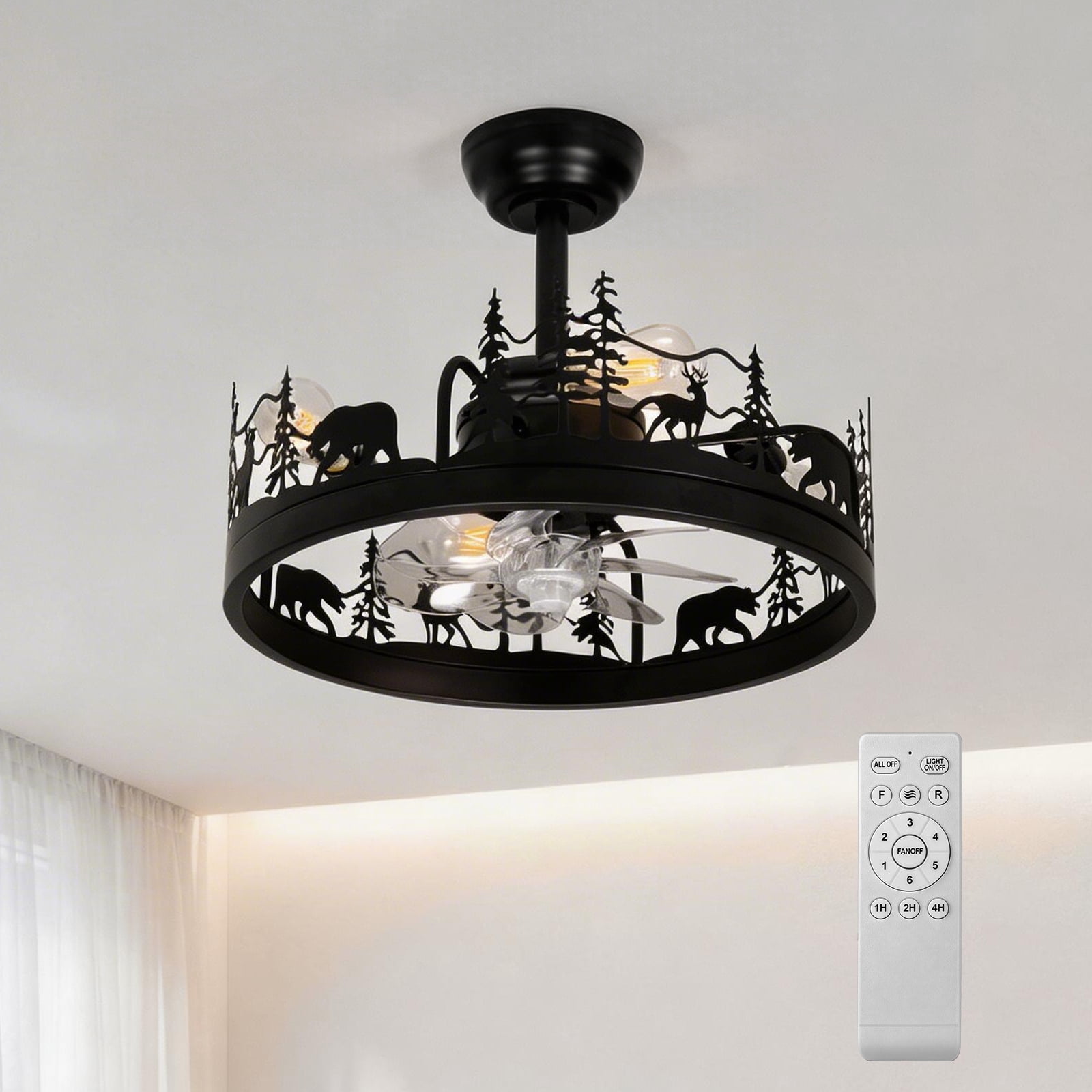 RJFKSNC Farmhouse Ceiling Fan with Light, 20" Caged Fandelier with Remote; Forest Bear & Deer Design, 6-Speed Reversible DC Motor, Low Profile Flush Mount Chandelier Fan for Bedroom, Living Room