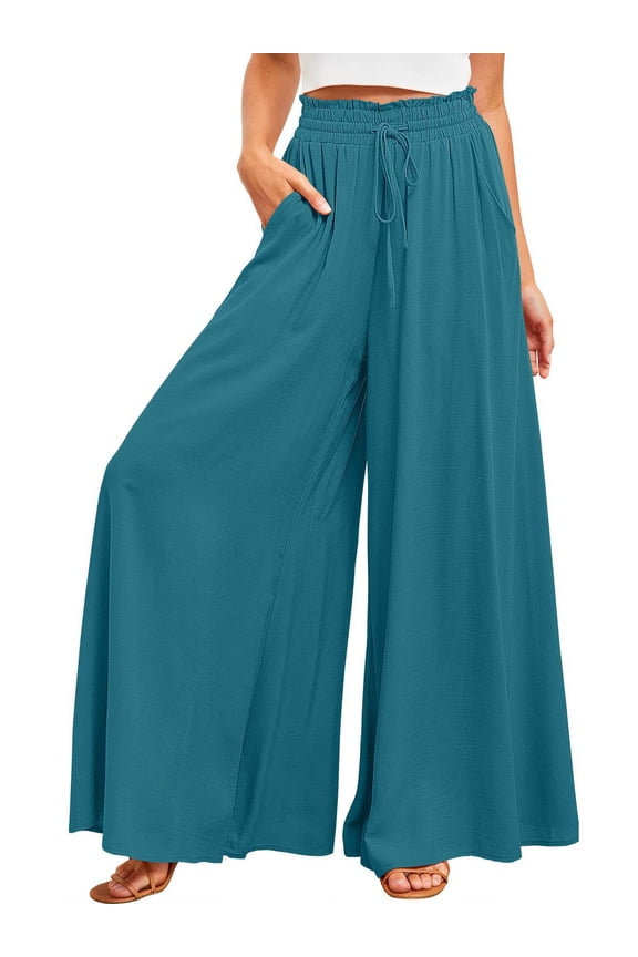 Casual Pants for Women Wide Leg Trousers with Pockets Elastic Waist Palazzo Long Pants L Peacock
