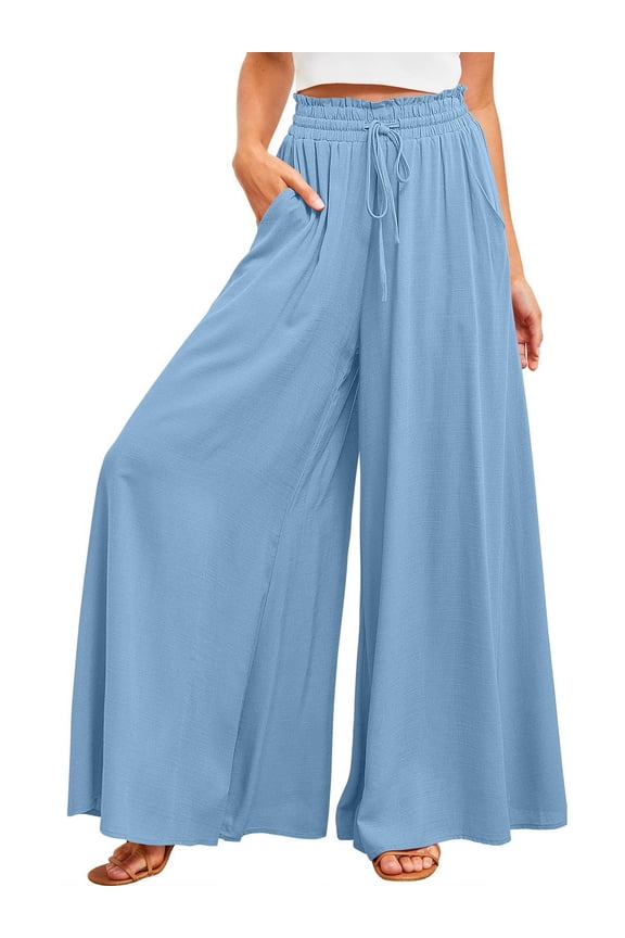 Casual Pants for Women Wide Leg Trousers with Pockets Elastic Waist Palazzo Long Pants M Sky