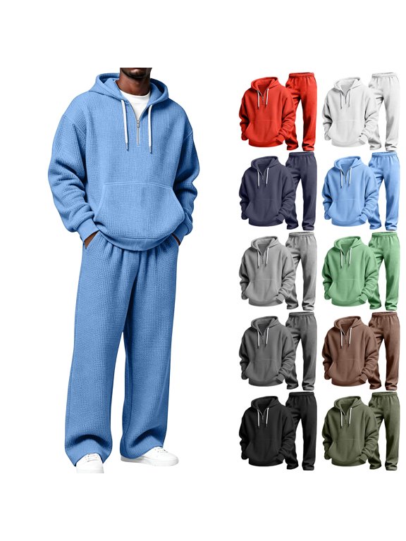 Casual 2 Piece Textured Sweatsuit for Men Quarter Zip Drawstring Pullover Hoodie Sweatshirts & Open Bottom Elastic Waist Sweatpants with Pockets Plus Size