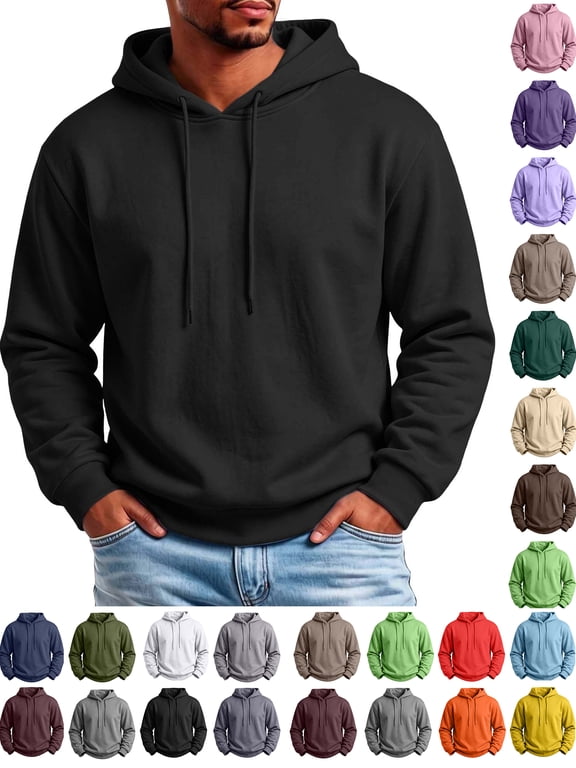 Fleece Hoodies for Men Pullover Loose Fit Casual Solid Long Sleeve Drawstring Fleece Lined Sweatshirts Comfy Warm Tops with Hood