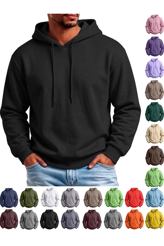 Fleece Hoodies for Men Pullover Loose Fit Casual Solid Long Sleeve Drawstring Fleece Lined Sweatshirts Comfy Warm Tops with Hood