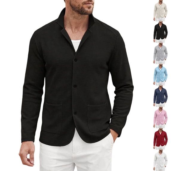 RJMDKXZ Men's Cardigan Sweaters Casual Classic Textured Button Down Notch Lapel Long Sleeve Cardigan with Pockets
