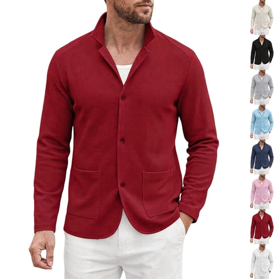 RJMDKXZ Men's Cardigan Sweaters Casual Classic Textured Button Down Notch Lapel Long Sleeve Cardigan with Pockets