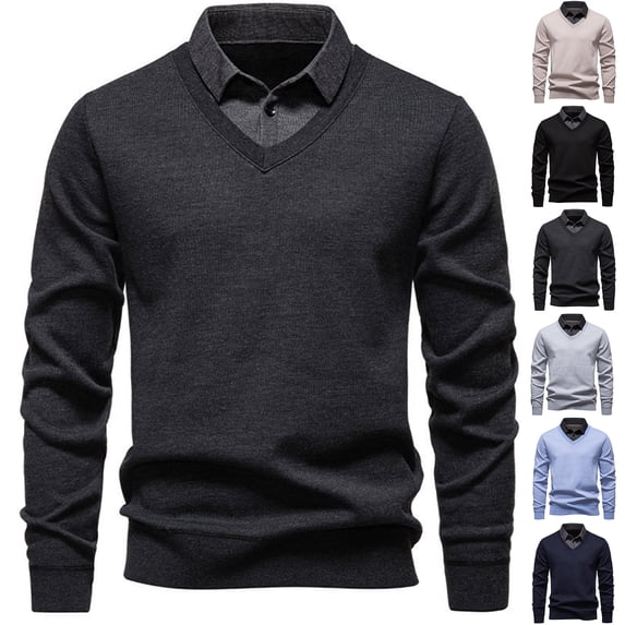 RJMDKXZ Men's Knitted Sweater with Mock Shirt Collar V Neck 2 in 1 Pullover Casual Business Classic Sweaters