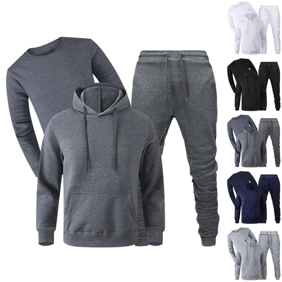 RJMDKXZ Mens 3 Piece Fleece Sweatsuits Long Sleeve Tracksuit Drawstring Pullover Hoodie & Crew Neck Sweatshirt & Jogging Sweatpants Sets with Pockets