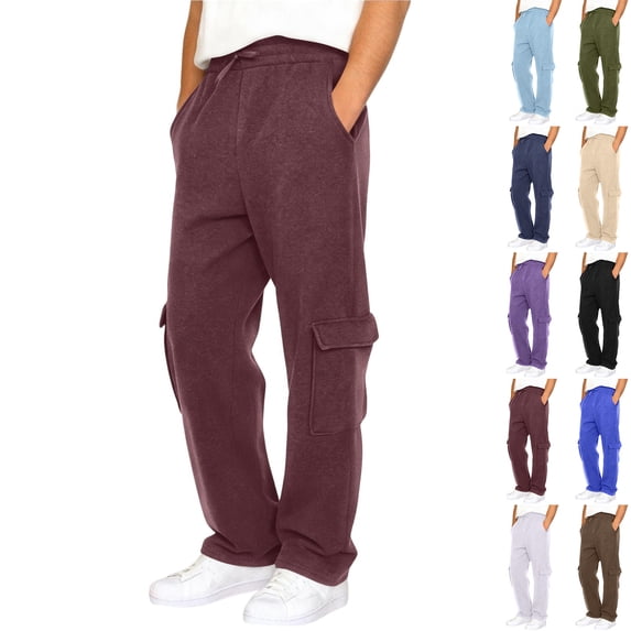 RJMDKXZ Mens Cargo Sweatpants Baggy Comfy Fleece Straight Leg Sweat Pant Elastic Waist Drawstring Trousers with Multi Pockets