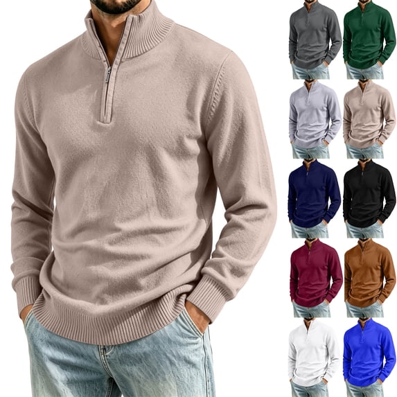RJMDKXZ Mens Pullover Sweaters Quarter Zip Ribbed Knit Casual Vintage Stand Collar Long Sleeve Sweater