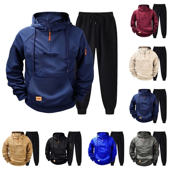 RJMDKXZ Mens Sweatsuit 2 Piece Fleece Lined Track Suit Drawstring Quarter Zip Pullover Cargo Hoodie & Elastic Waist Drawstring Jogger Sweatpants Casual Workout Set for Men