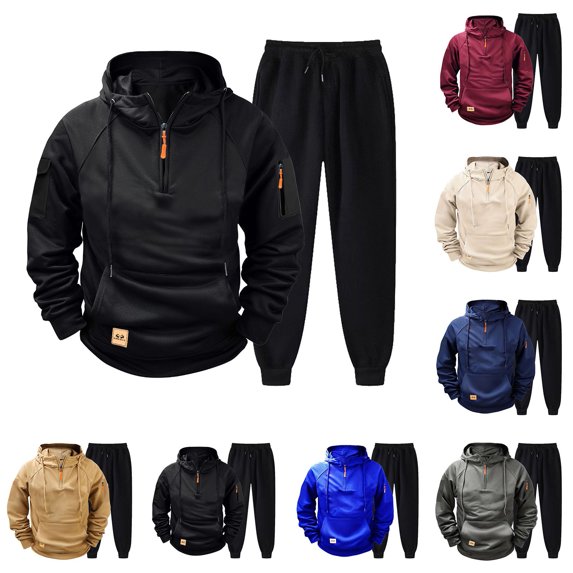 RJMDKXZ Mens Sweatsuit 2 Piece Fleece Lined Track Suit Drawstring Quarter Zip Pullover Cargo Hoodie & Elastic Waist Drawstring Jogger Sweatpants Casual Workout Set for Men