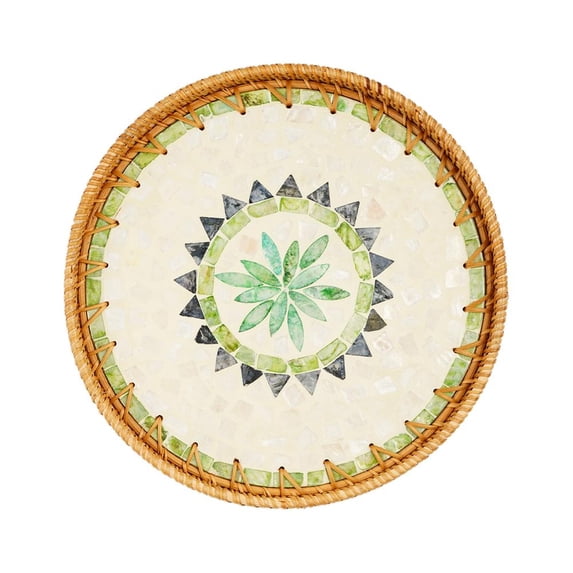 RJSQAQE Round Rattan Serving Tray with Mother of Pearl Inlay,Hand Woven Decorative Eating Tray with Wood Base,Decorative Wicker Baskets Woven Serving Tray for Coffee Table