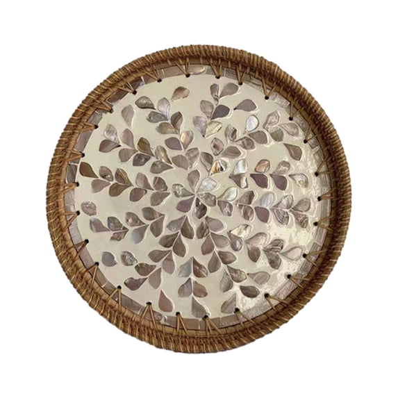 RJSQAQE Round Rattan Serving Tray with Mother of Pearl Inlay,Hand Woven Decorative Eating Tray with Wood Base,Decorative Wicker Baskets Woven Serving Tray for Coffee Table