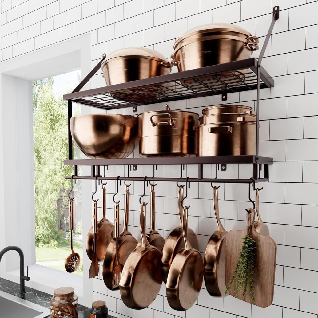 RJTZ 30-Inch Oiled Bronze Pot Rack Wall Mounted, 2-Tier Hanging Pot and ...