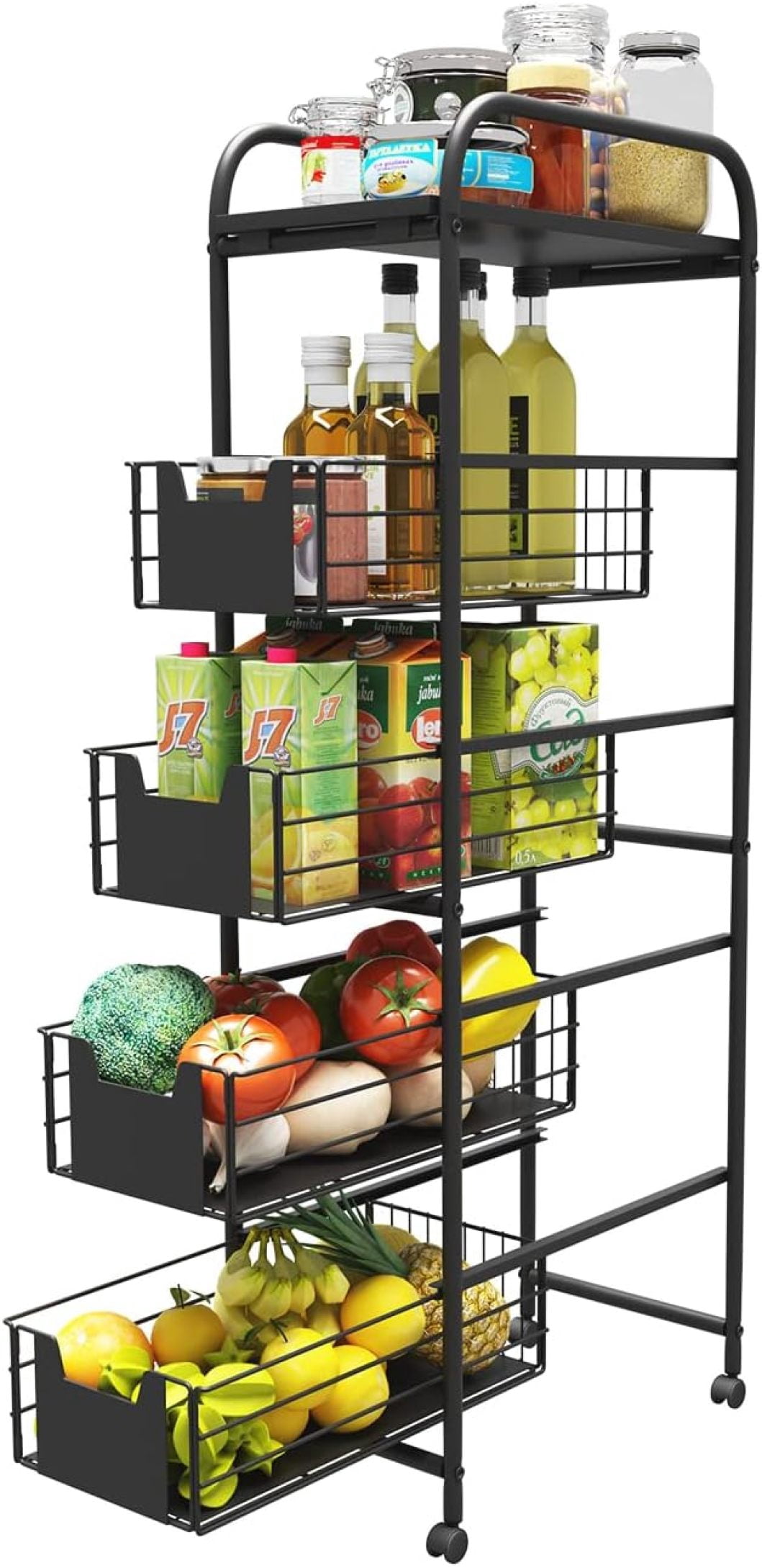 RJTZ 5 Tier Slim Rolling Cart with Drawers Pull-Out Design Corner ...