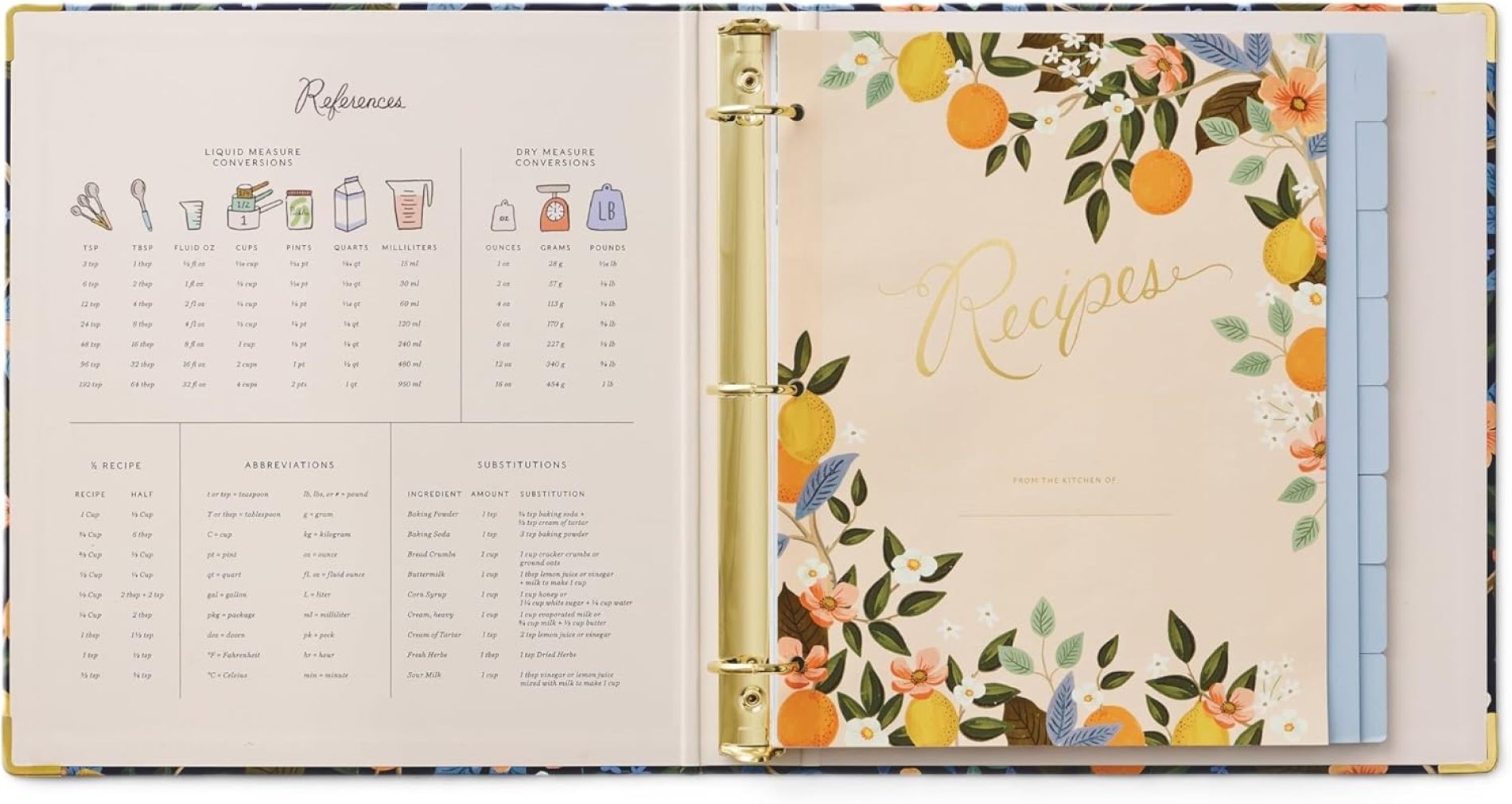 Recipe Binder Rifle Paper Co. Citrus Grove - 16 Tabbed Dividers, 10 Card  Sleeves, 3-Ring Organizer With Pocket Folder Rifle Paper Citrus Grove