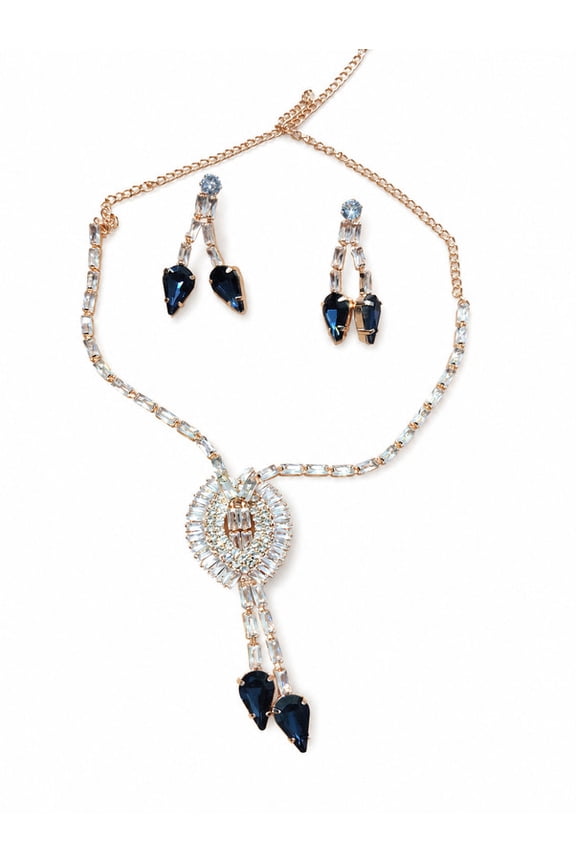 - Elegant Gold-Tone Crystal Jewelry Set with Teardrop Navy Stones Necklace & Matching Drop Earrings