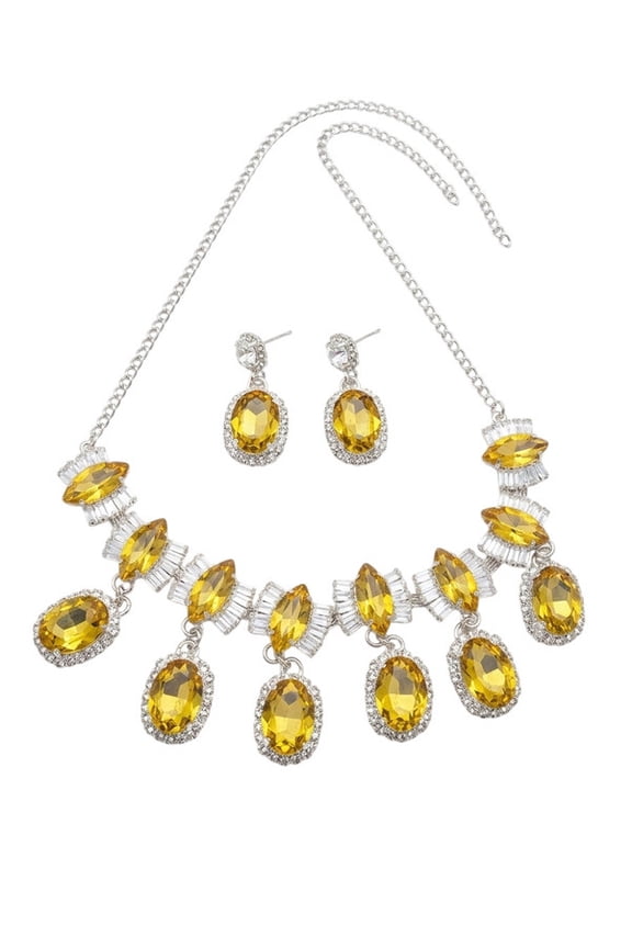 - Women's Yellow Crystal Necklace Set with Earrings, Silver Tone Statement Jewelry for Wedding, Party & Traditional Wear