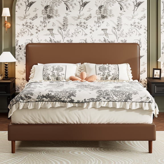 Smile Nest Full Size Bed Frame, Platform Bed with Upholstered Faux Leather Adjustable Headboard, Dark Brown