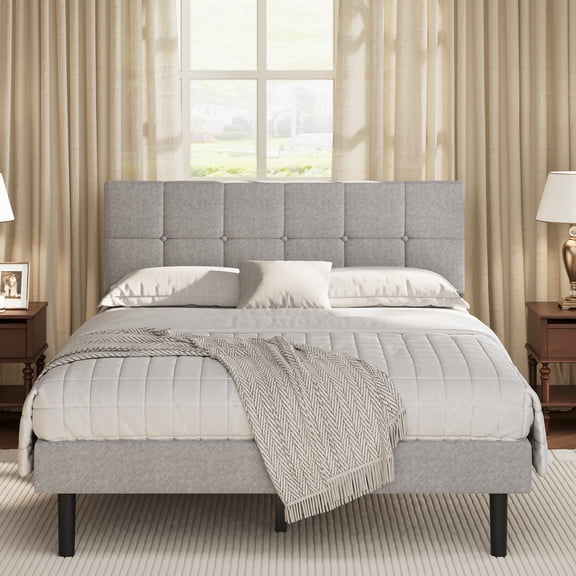 Frameway Queen Size Metal Platform Bed Frame with Square Tufted Linen Fabric Upholstered Headboard, Wood Slat Support, No Box Spring Needed, Light Gray