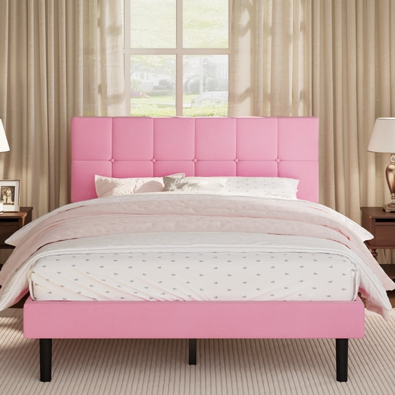 RK Queen Size Metal Platform Bed Frame with Square Tufted Velvet Upholstered Headboard, Wood Slat Support, No Box Spring Needed, Pink