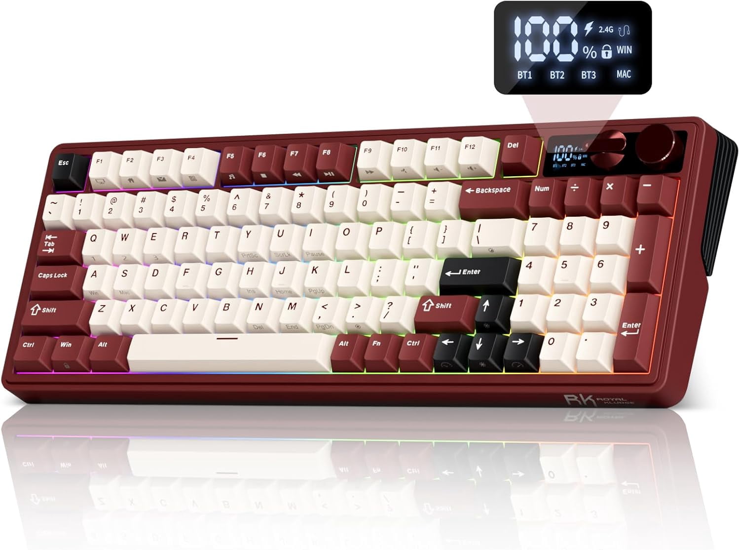 RK ROYAL KLUDGE M100 Tri-Mode Wireless Mechanical Keyboard with Screen, Dual Knobs, Gasket Mount, RGB Backlit, Hot-Swappable Cream Switches, Full-Size with Number Pad, Dark Red