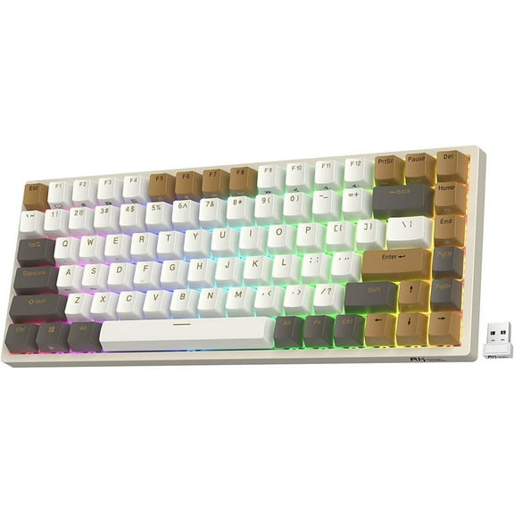 RK ROYAL KLUDGE RK84 RGB Limited Ed, 75% Triple Mode BT5.0/2.4G/USB-C Hot Swappable Mechanical Keyboard, 84 Keys Wireless Gaming Keyboard, RK Yellow Switch, Macchiato White