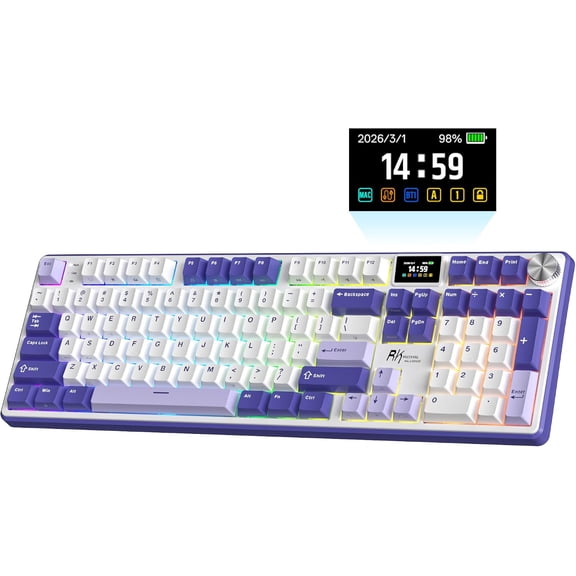 RK ROYAL KLUDGE S104 Full Size Mechanical Keyboard with Screen & Knob, Wireless Gaming Keyboard with BT5.0/2.4GHz/USB-C, Hot Swappable Creamy Keyboard, RGB Backlit