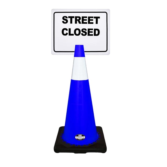 RK-Safety 28" Blue Cone, Black base With One 6" Reflective Tape, Plus Cone Sign 13 Street Closed, (Cone-8 ea + Cone Sign-8 ea)