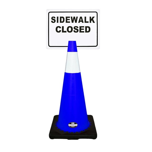 RK-Safety 28" Blue Cone, Black base With One 6" Reflective Tape, Plus Cone Sign 16 "Sidewalk Closed", (Cone-4 ea + Cone Sign-4 ea)